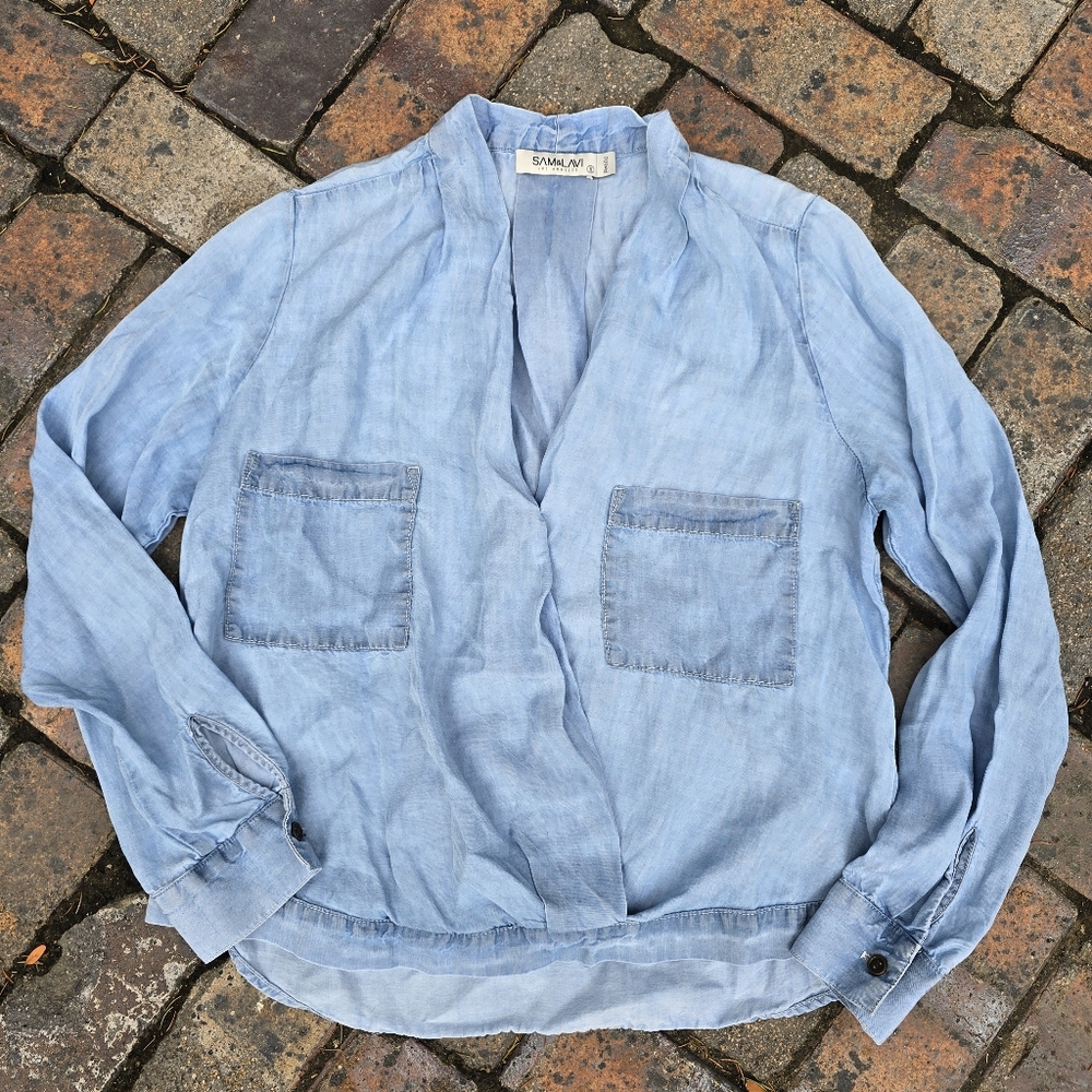 Sam And Lavi For Anthropoligie Chambray Denim Faux Wrap Blouse Petite Sm